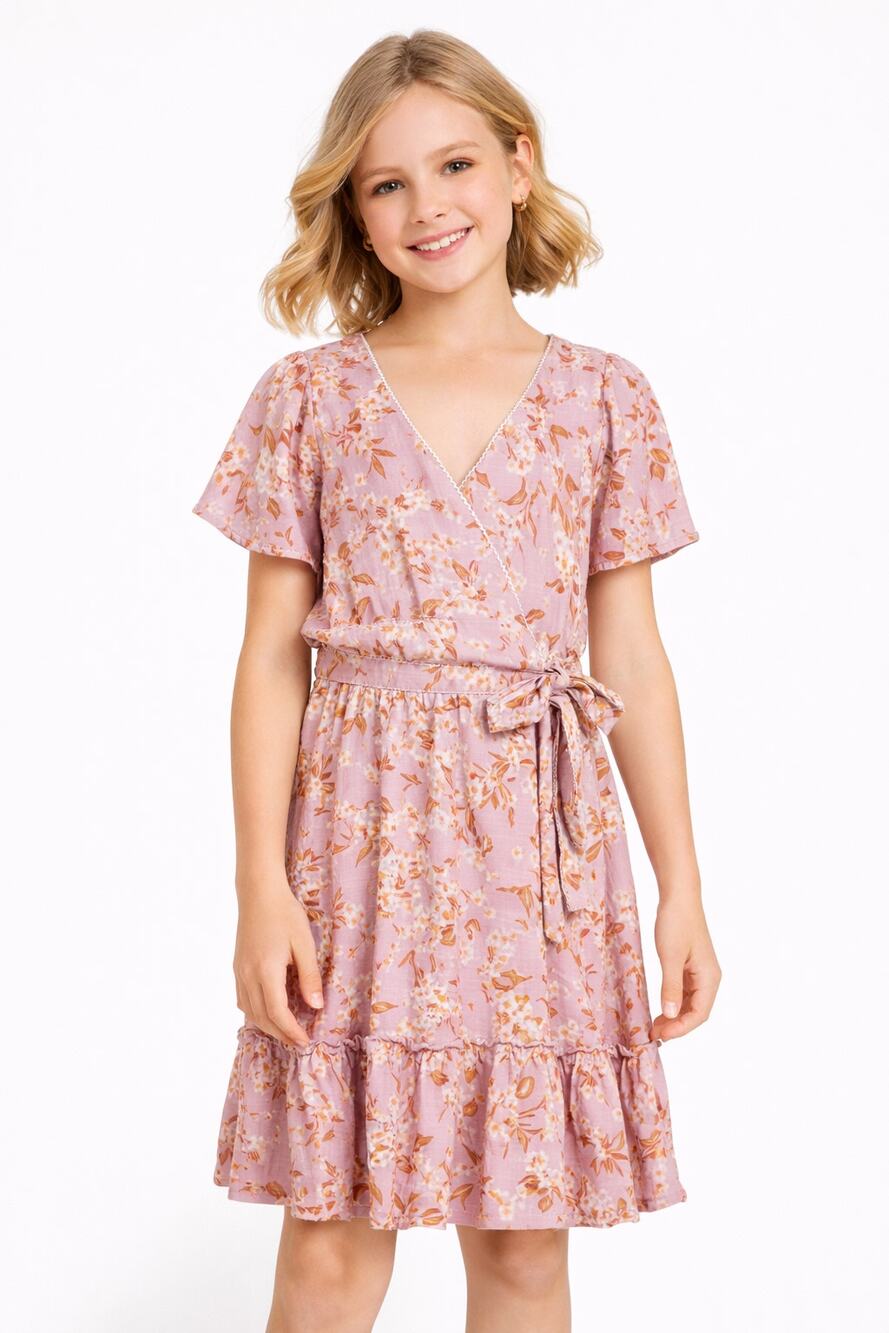 Chelsea Violet Girls Linen Blend Floral Faux Wrap Dress Size Small 7/8 Pink New